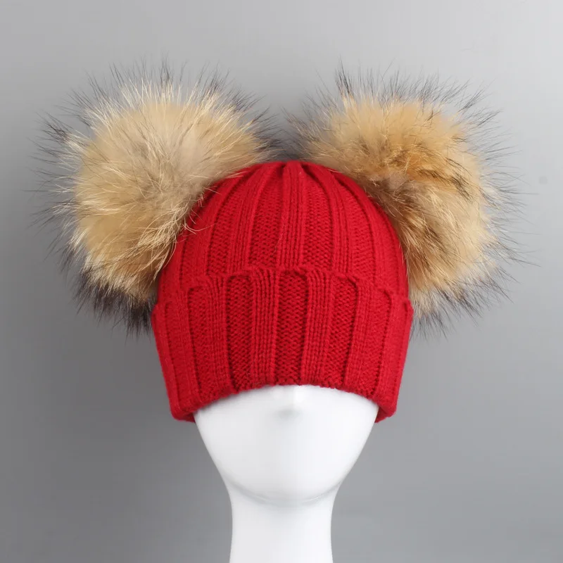Детский акриловый головной убор Skullies шапки из меха енота помпон зимние детские