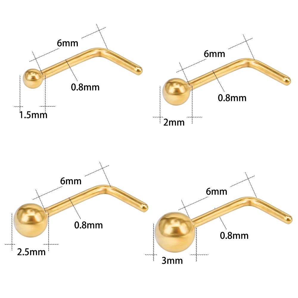 ZS 4pcs/lot Nose Studs Ball Round Rings L-Shape Gold Nostril Piercings Stainless Steel Piercing Body Jewelry For Women | Украшения и