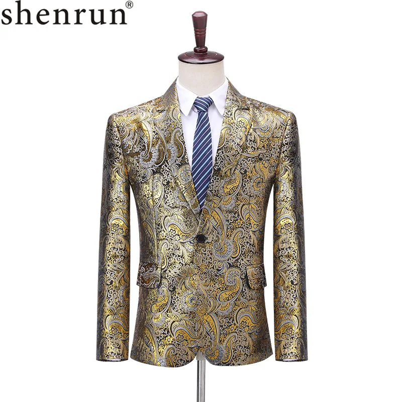 Shenrun Men Blazer Fashion Slim Fit Jackets Classic Pattern Gold Jacquard Suit Jacket Wedding Groom Party Prom Costume Singers