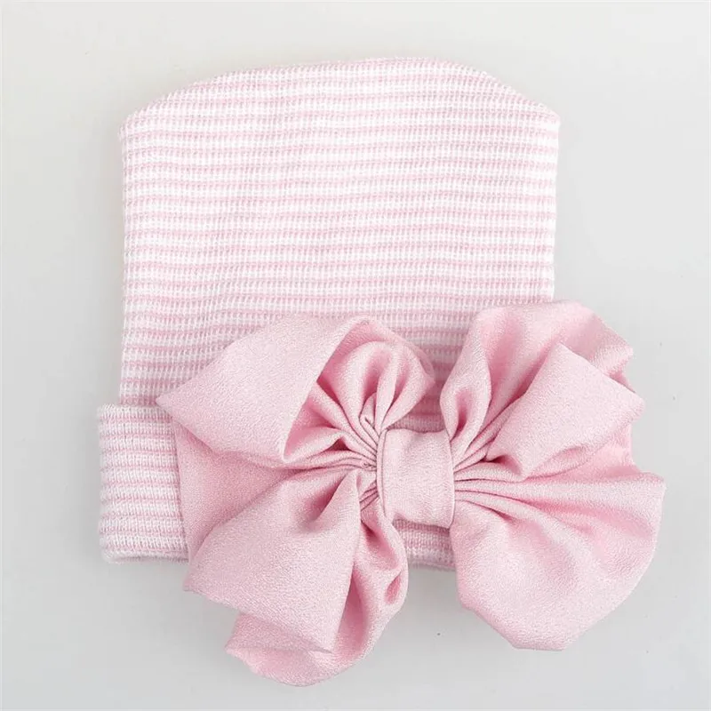 Pink bow hat Новорожденная детская шапка для младенцев детская теплая шапка полосатые шапки мягкие больничные шапки для девочек вязаные шапочки с бантом для новорожденных 0-3 м отправка сережек в подарок - Цвет: Pink bow hat