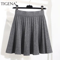 tigena 2021 autumn winter knitted warm cotton skirts women fashion high waist pleated mini skirt female school black khaki gray