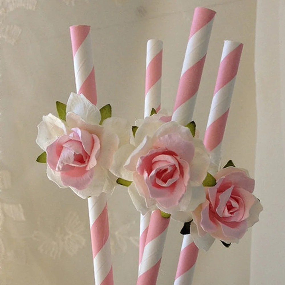 

Birthday Party Disposable Straws Pink Flower Strip Party Straws Wedding Baby Shower Straws Decoration Party Supplies