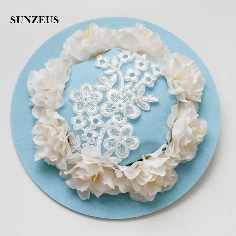 Blue Hat with Artificial Flowers Charming Bridal Wedding Hats Elegant Lace Holloween Party Girls Hair Accessories SH09 | Свадьбы и