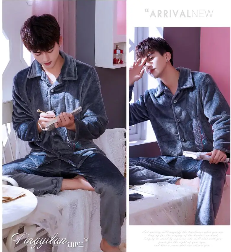 Pijama Masculino, Мужская пижама с вышивкой, зимняя теплая фланель, коралл, флисовая Пижама для мужчин, одежда для сна, Ночная одежда