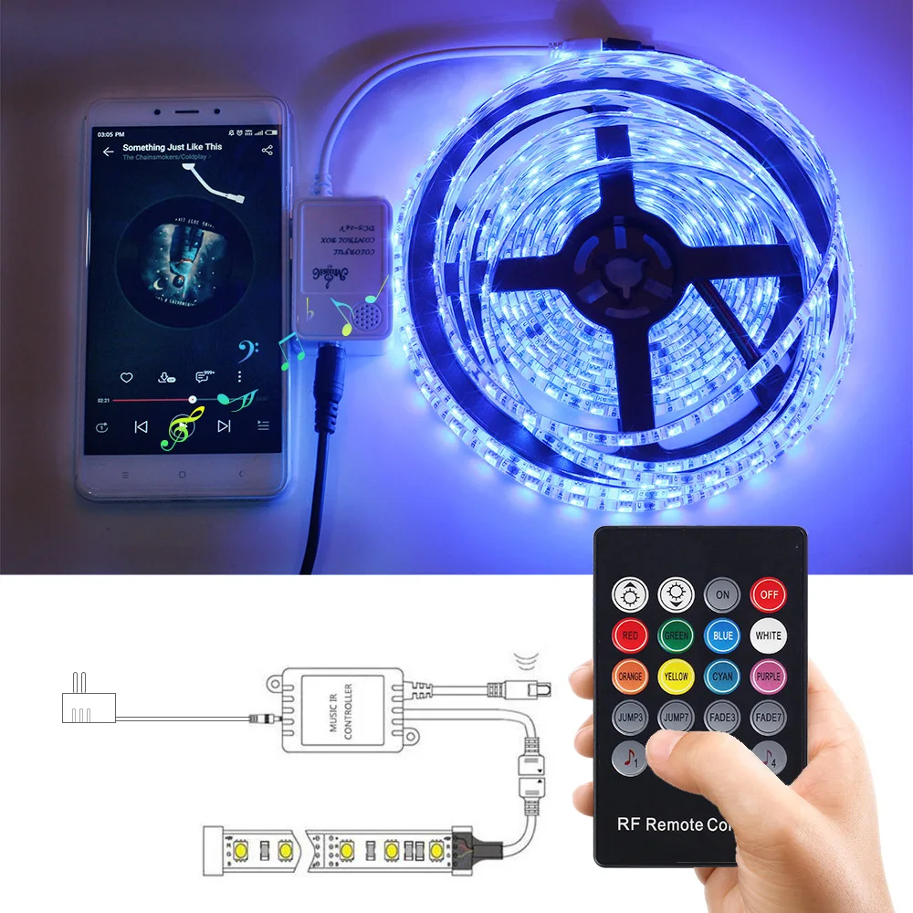 RGB Светодиодная лента 5050 SMD 5 м лампа гибкий водонепроницаемый Диод + 20 клавиш