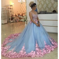 baby blue 3d floral ball gowns quinceanera dresses cathedral train flowers special occasion dress princess girls pageant gowns