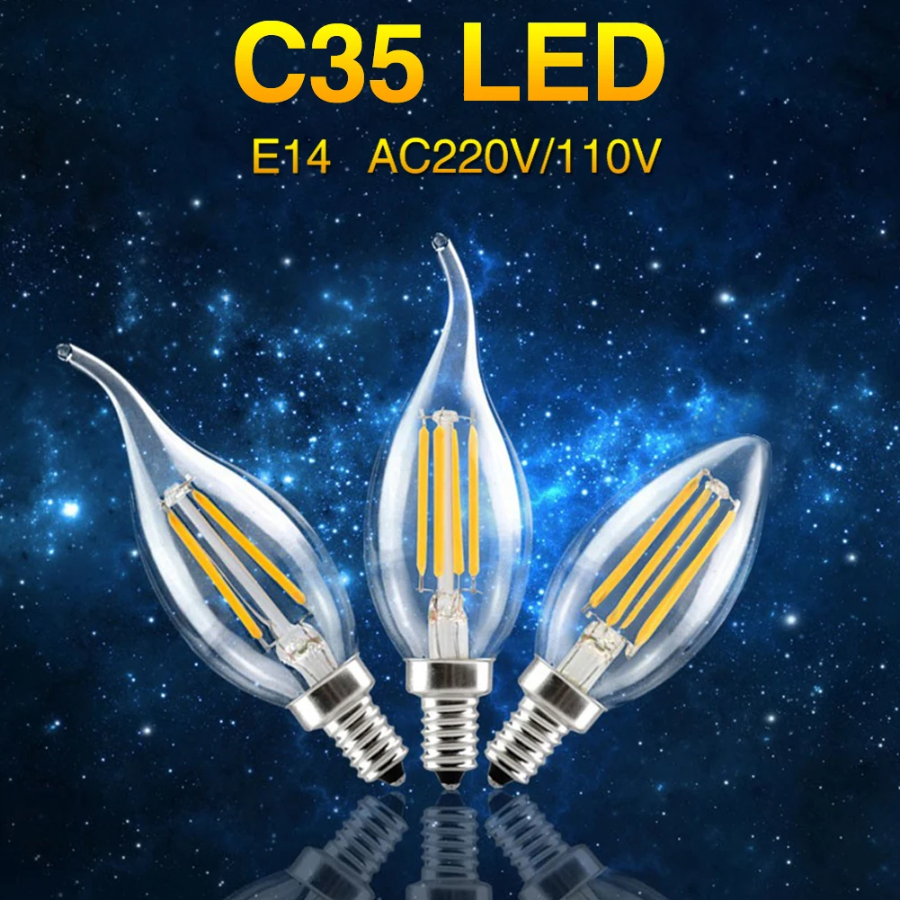 TSLEEN светодиодный светильник E14 4 Вт 8 Вт AC220V 110 В стеклянный корпус 360 градусов винтажный светодиодный светильник C35 E12 edison Светодиодный светильник накаливания