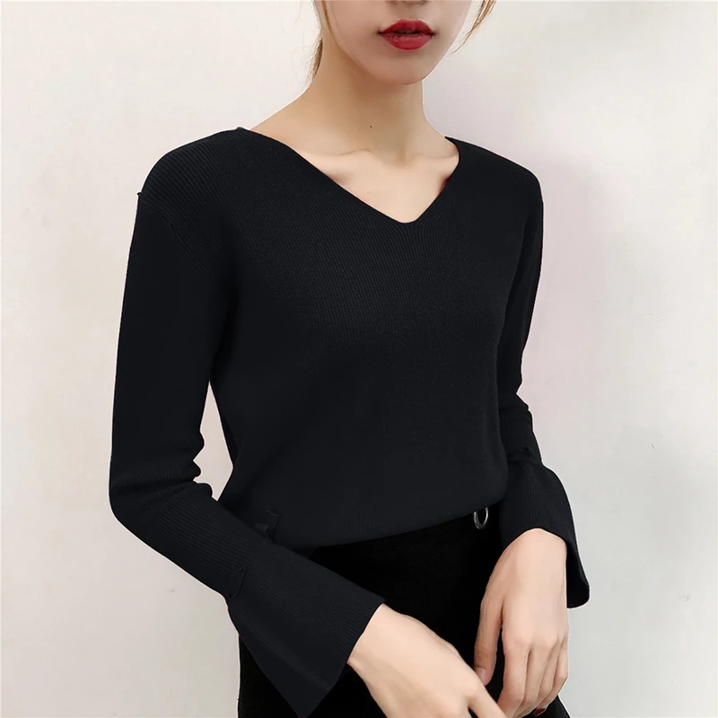 

Long Sleeve Knitted Women Sweaters Fashion 2018 Autumn Winter Slim Women Jumper Basic V Neck Sweaters And Pullovers Red Black