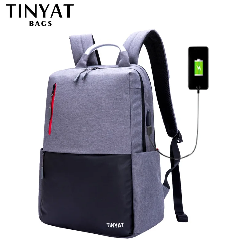 TINYAT мужской рюкзак 15,6 дюймов рюкзак для ноутбука USB зарядка Рюкзак из парусины мужской рюкзак для путешествий Mochila Школьный Рюкзак серый T811