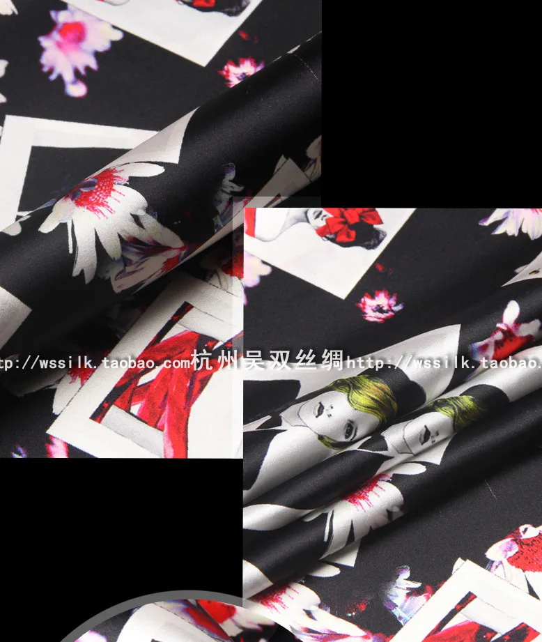 Designer 93% natural mulberry silk 7% spandex stretch satin clothing fabric black white Geometric dress cheongsam 1m U399 | Дом и сад