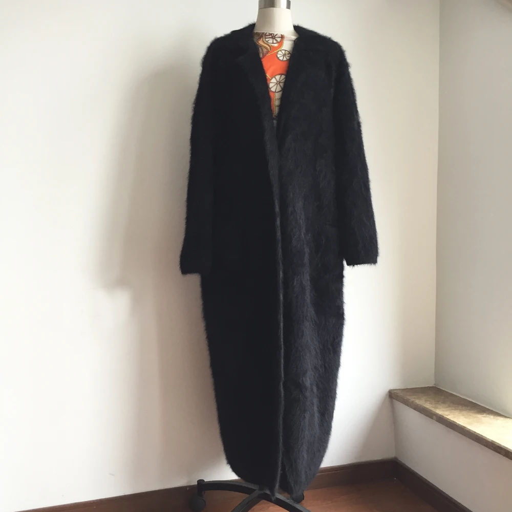 Длинное вязаное пальто из натуральной норки и кашемира Модный женский свитер