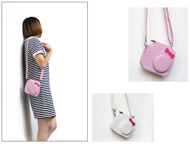 For Fujifilm Instax Mini Hello Kitty Bow-Knot Instant Film Photo Camera Carrying PU Leather Bag Case Cover with Shoulder Strap