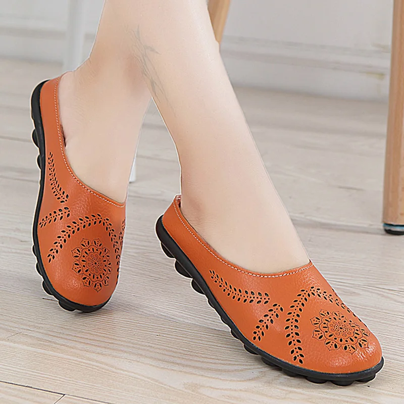 Women Flats Breathable Summer Genuine Leather Shoes Women Casual Slip On Loafers Plus Size 44 Mocassin Femme Nurse Flat Shoes