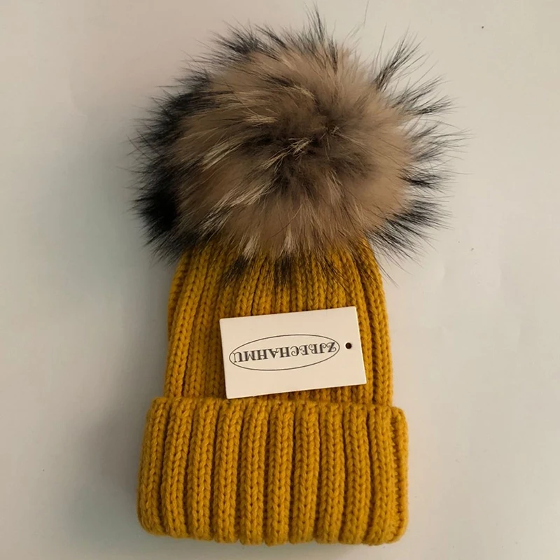 Модные шапки Skullies Beanies с натуральным лисьим мехом норки, 15 см, шапки для женщин и девочек, зимние теплые шапки, Весенняя детская шапочка, новинка - Color: Children Orange