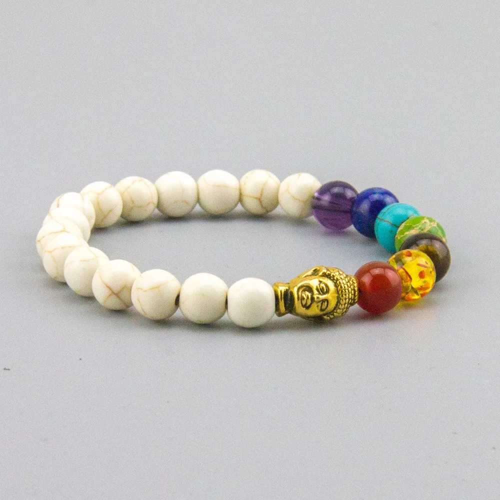 Белый Howlite каменные бусины 7 Чакр Восстанавливающий баланс Будда Браслет Йога
