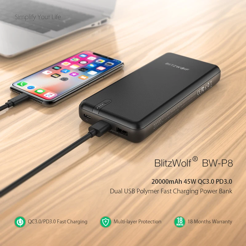 BlitzWolf BW-P8 20000 мАч 45 Вт power Bank QC3.0 PD3.0 Dual usb type C полимерная Быстрая зарядка черный для