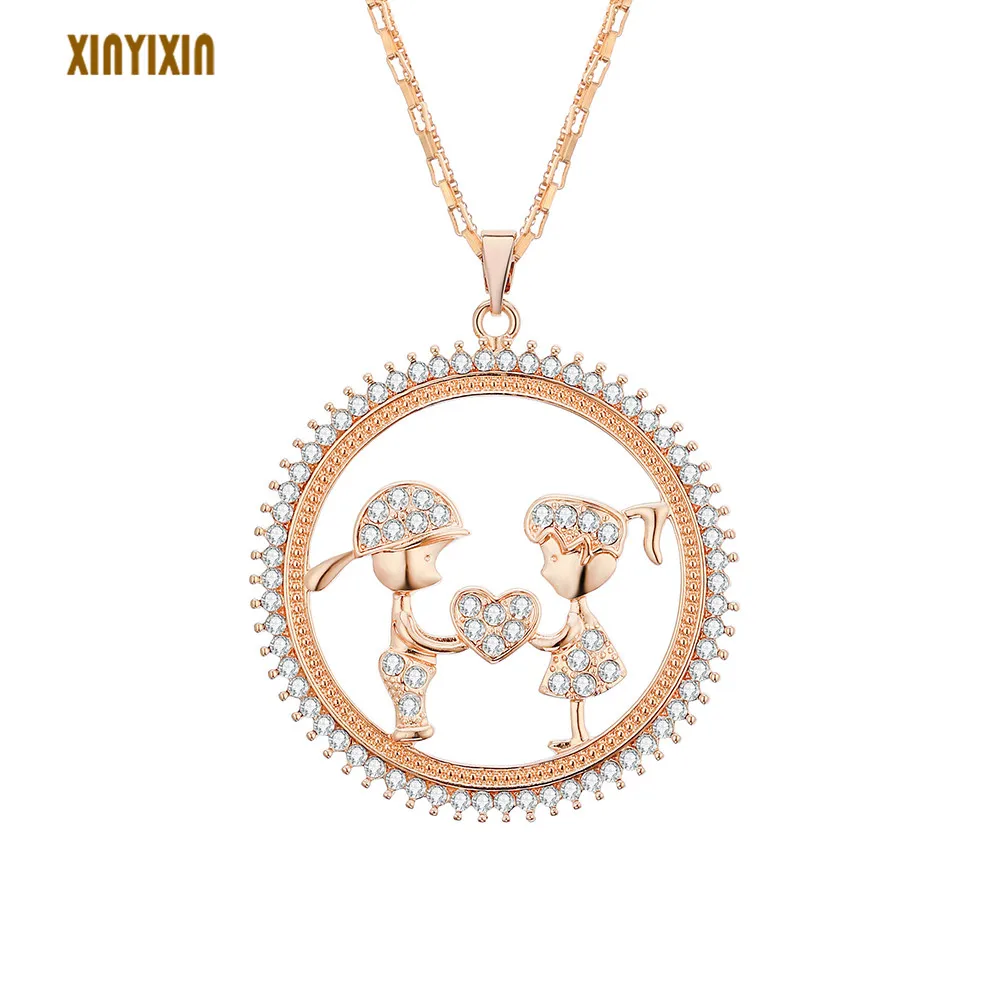 

Stylish Boy and Girl Pendant Necklace for Women Fashion Round Gold Crystal Heart Layered Long Necklace Valentine's Day Gift