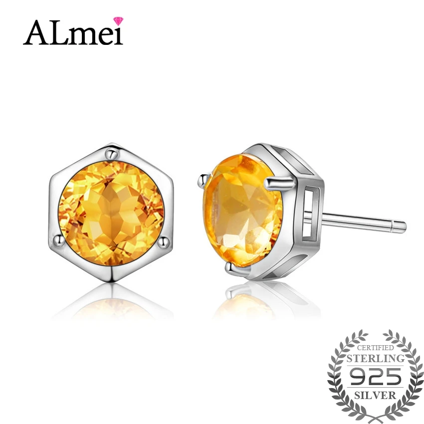 Almei 1.6ct желтый камень цитрин красивые серьги гвоздики для женщин юбилей Серебро 925