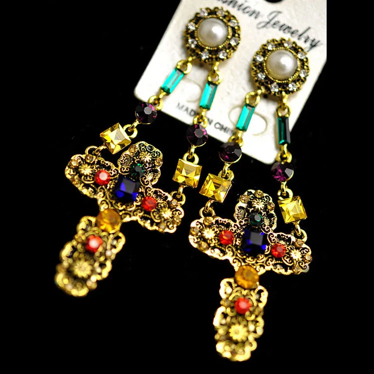 Винтаж барокко висячие серьги двойной цепи навесное жемчужные Post Цвет Кристалл
