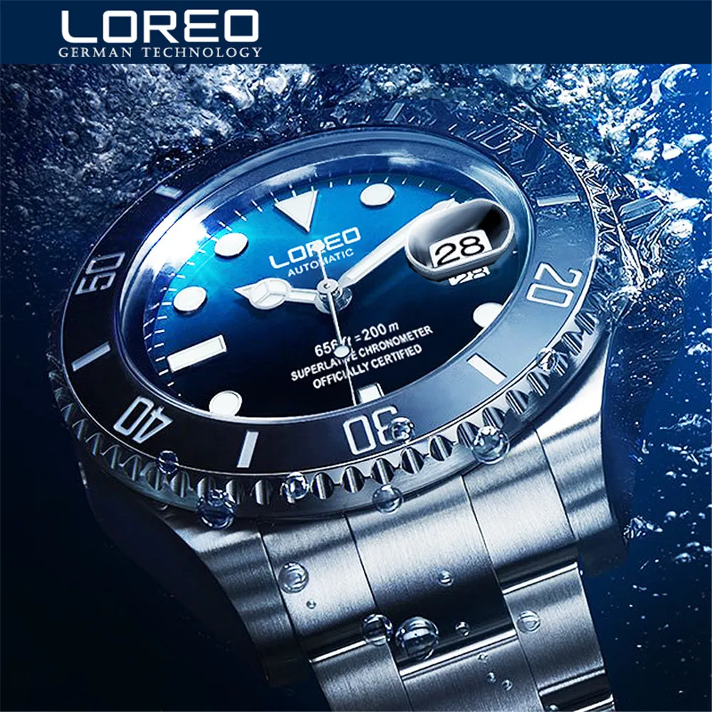 New LOREO Mens Watches Top Luxury Brands Seagull Mechanical Watch Mens Sports Diving 200M Full Steel Watch Relogio Masculino