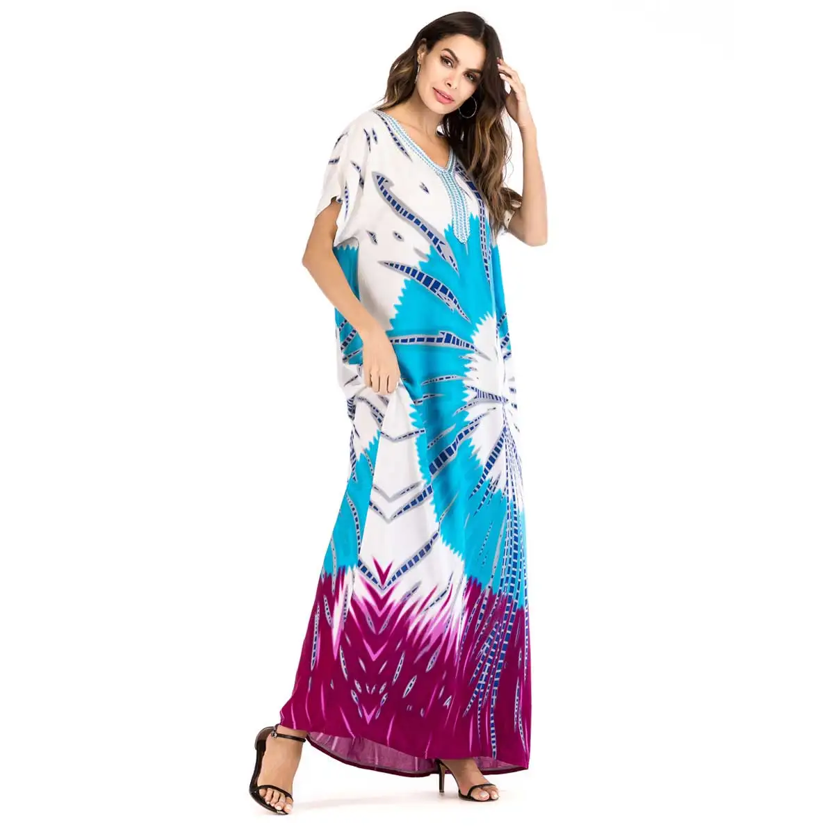 2019 Цвет контраста из кусков с рисунком Макси летнее платье в богемном стиле