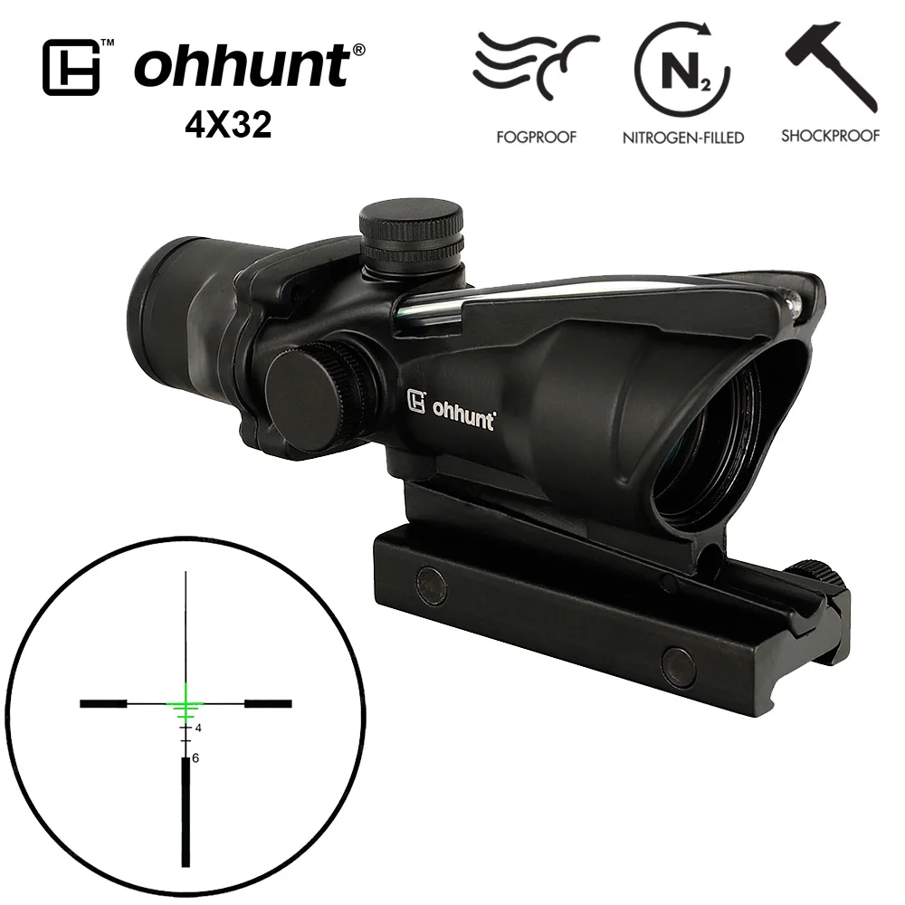 Reticle No.1 Green Ohhunt Охота 4X32 ACOG реальный оптоволоконный прицел BDC шеврон Подкова Сетка тактические оптические прицелы для cal. 223. 308 печать логотипа - Цвет: Reticle No.1 Green