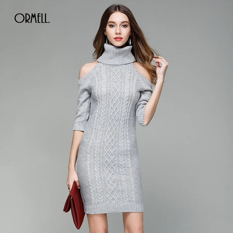 Женское трикотажное платье ORMELL осенне зимнее с высоким воротом и коротким