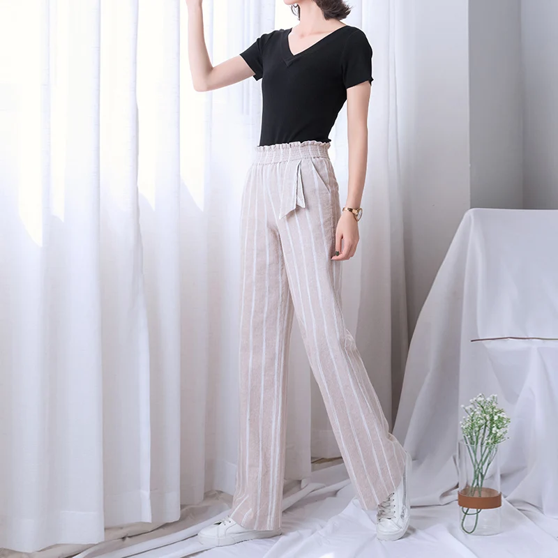 Хлопковые льняные широкие брюки женские летние с высокой талией в полоску