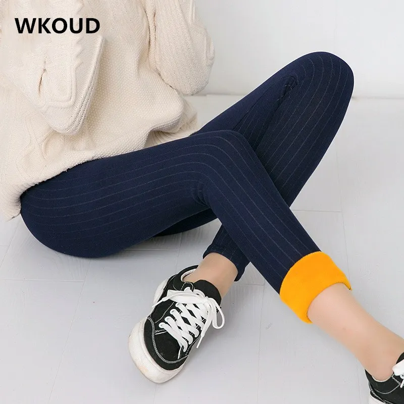WKOUD/XL 6XL женские узкие брюки Зимние теплые плотные штаны в полоску с высокой