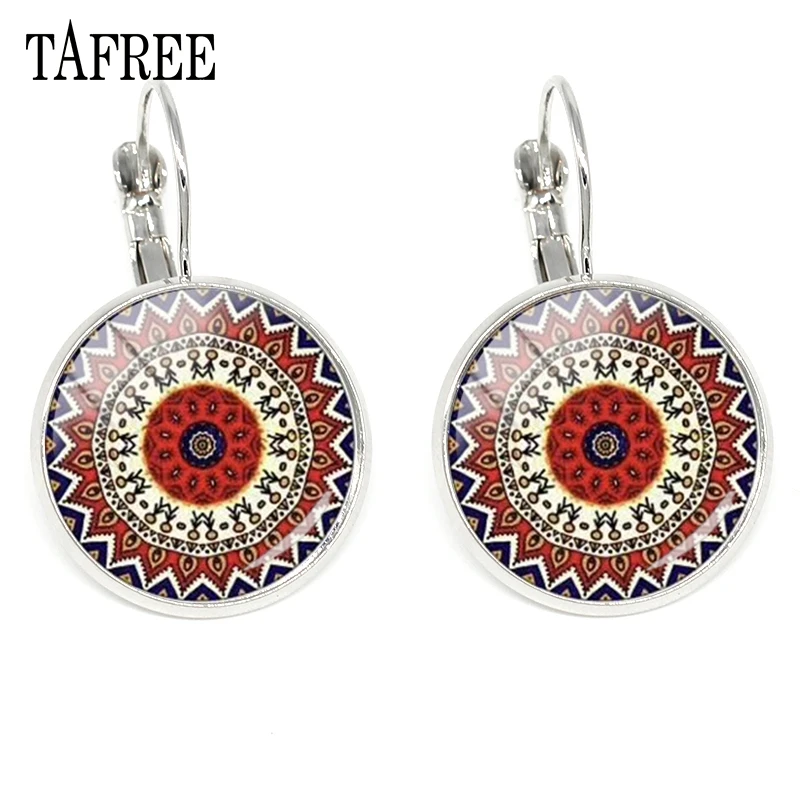 Серьги-клипсы TAFREE с красной хной мандалой винтажные Серебристые серьги для