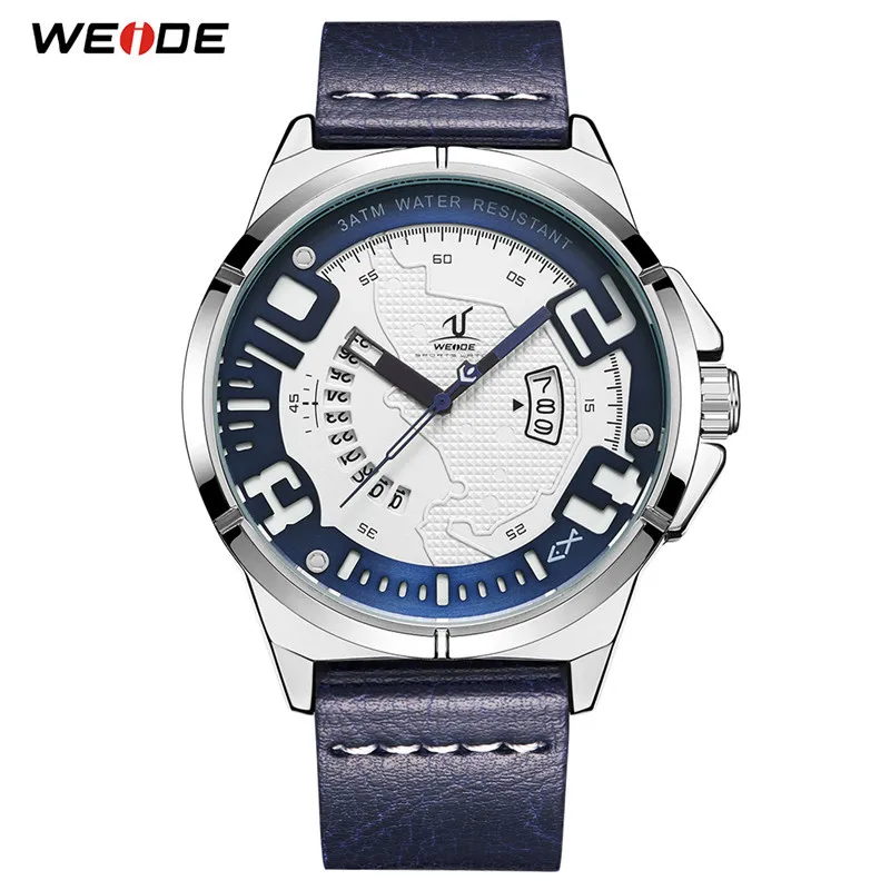 WEIDE Роскошные кожаные мужские Аналоговые Кварцевые Спортивные наручные часы с календарем подлинные Простые Модные Повседневные водонепроницаемые часы синие часы - Цвет: UV1802-1C