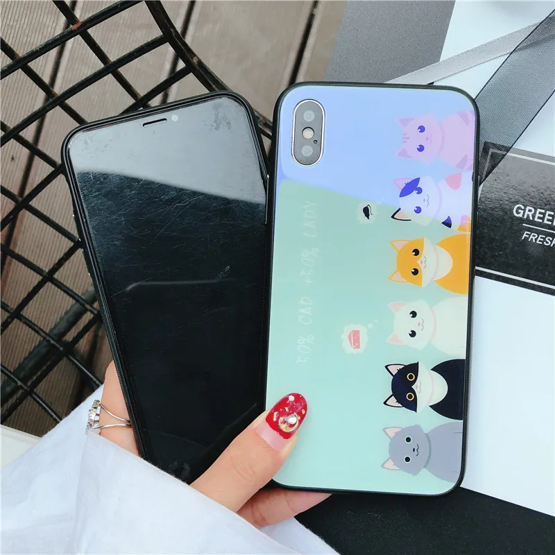 I7 милый мультяшный Кот стеклянный чехол для телефона на iPhone 7 жесткий iPhone7 6 6s 8 Plus X