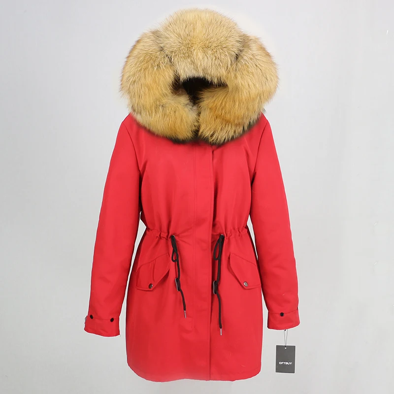 red gold OFTBUY, зимняя женская куртка, пальто из натурального меха, длинная парка, воротник из натурального меха енота, капюшон, водонепроницаемая верхняя одежда, теплая уличная одежда - Цвет: red gold
