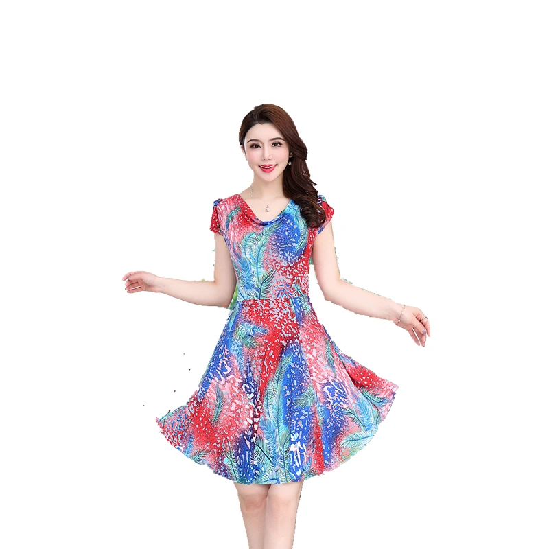 

New Summer Fashion Woman Print Heap Collar Dress Woman Ice Silk Floral Dress Woman Milk Silk Large Swing Dress