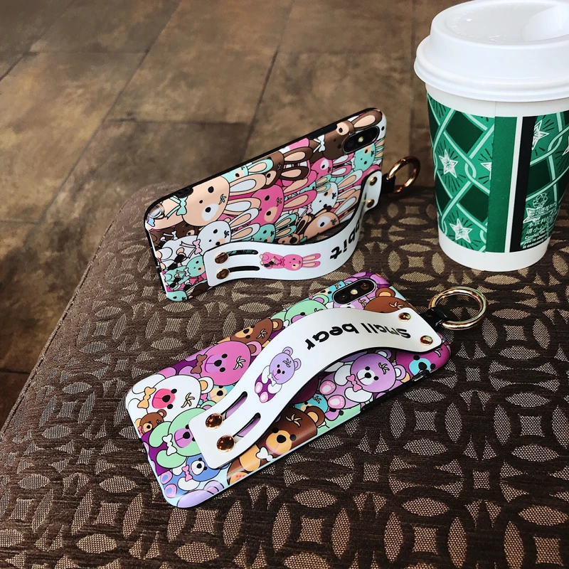 GYPHCA Luxury Brand Cute Cartoon Glossy Bear Wrist Strap TPU Soft Phone Case For iPhone X XS XR XSMAX 6 7 8 Plus Back Cover |