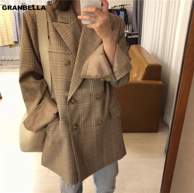 brown yellow Модный двубортный клетчатый блейзер для женщин с длинным рукавом ретро OL блейзеры Повседневная Осенняя Куртка Блейзер для офисных дам - Цвет: brown yellow
