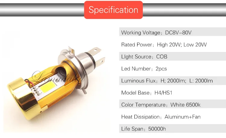 Plug and play H4 20W 2000LM 6500k 8 V-80 V COB Высокий/Низкий Луч светодиодный головной фонарь для мотоцикла HS1