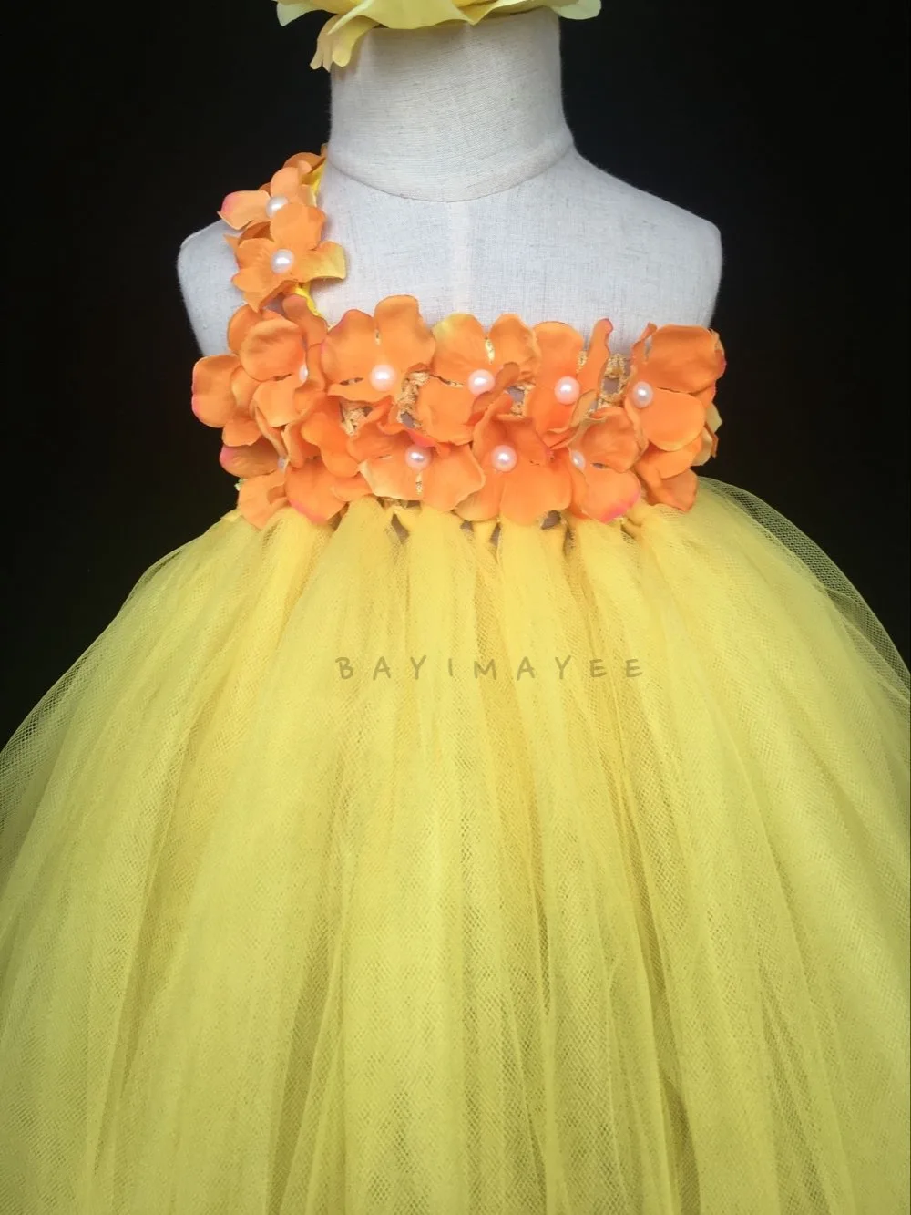 Girls Yellow Crochet Tutu Dress Baby Fluffy Tulle Single Shoulder Ball Gown with Flower Headband Kids Costume Party | Детская одежда и