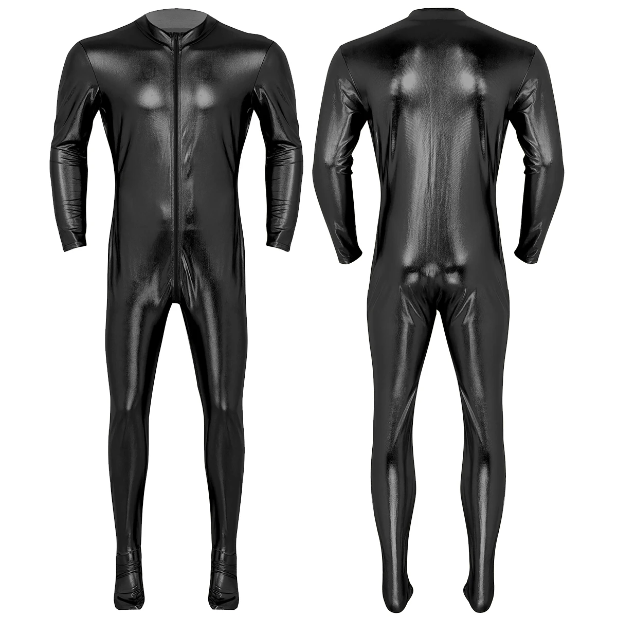 Black Мужские Unitard Хэллоуин полное тело зентай Золото Блестящий металлический спандекс подножки обтягивающие плотные комбинезоны Гей Мужской косплей костюмы - Цвет: Black