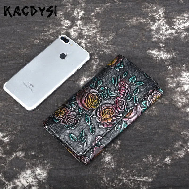 Длинный женский кошелек ручной работы из натуральной кожи в стиле ретро тройного