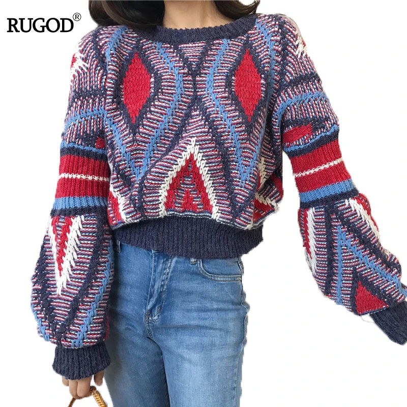 RUGOD 2019 Fashion Loose Christmas Sweater Lantern Sleeve O-neck Striped Women Casual Short Winter Pull Femme Hiver | Женская одежда
