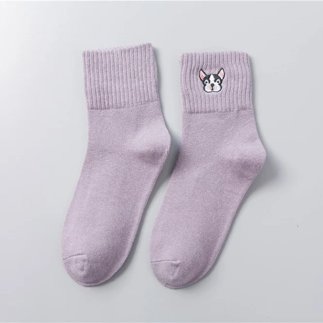 Серый CHAOZHU Women Cute French Bulldog Embroidery Grey Green Pink Black Yellow Five Colors Cotton Knitting Winter Autumn Warm Socks - Цвет: Серый