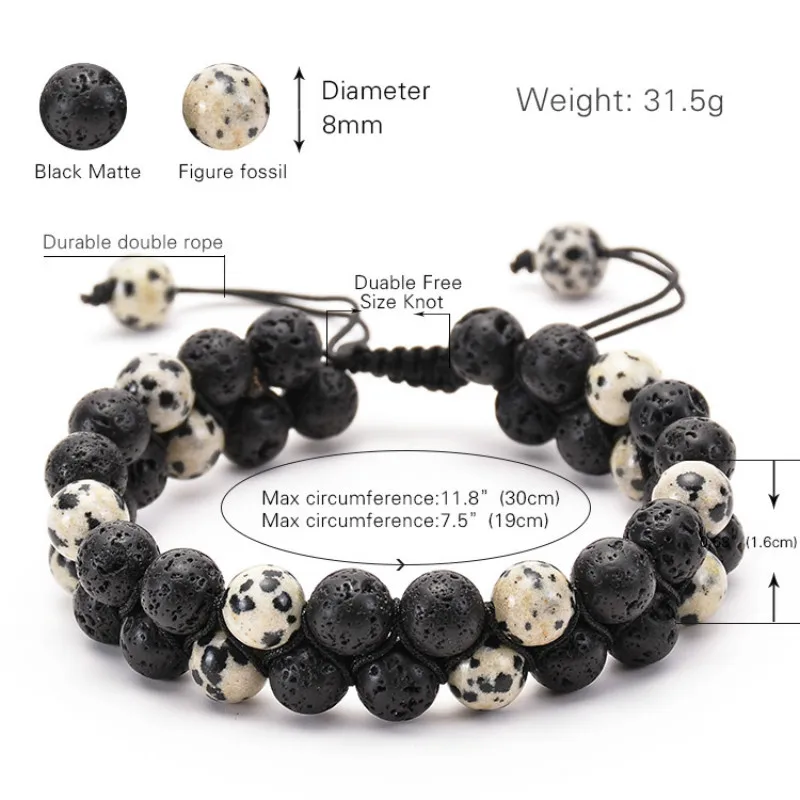 8mm Energy Lava Volcanic Stone Double Row Men's Bracelet Jewelry Accessories Beaded Strand Charm &amp Bangle Adjustable | Украшения и