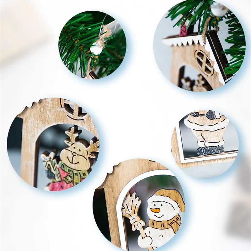 Christmas Wooden House Pendant Hollows Santa Claus/Snowman/Elk Ornaments Wood Arts Crafts Xmas Tree New Year Decoration For Home | Дом и сад