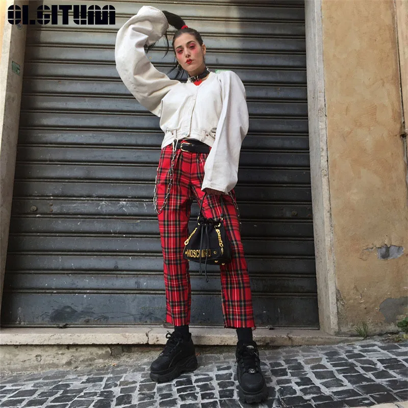 

New Red Plaid Pants Women Casual High Waist Zipper Fly Skinny Long Pencil Lady Elastic Trousers Slim Cotton Wide Leg Pants PT231