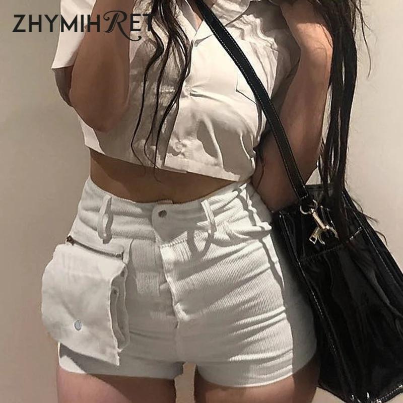 ZHYMIHRE Высокая талия белые джинсовые шорты женские со съемным сложенным ранец