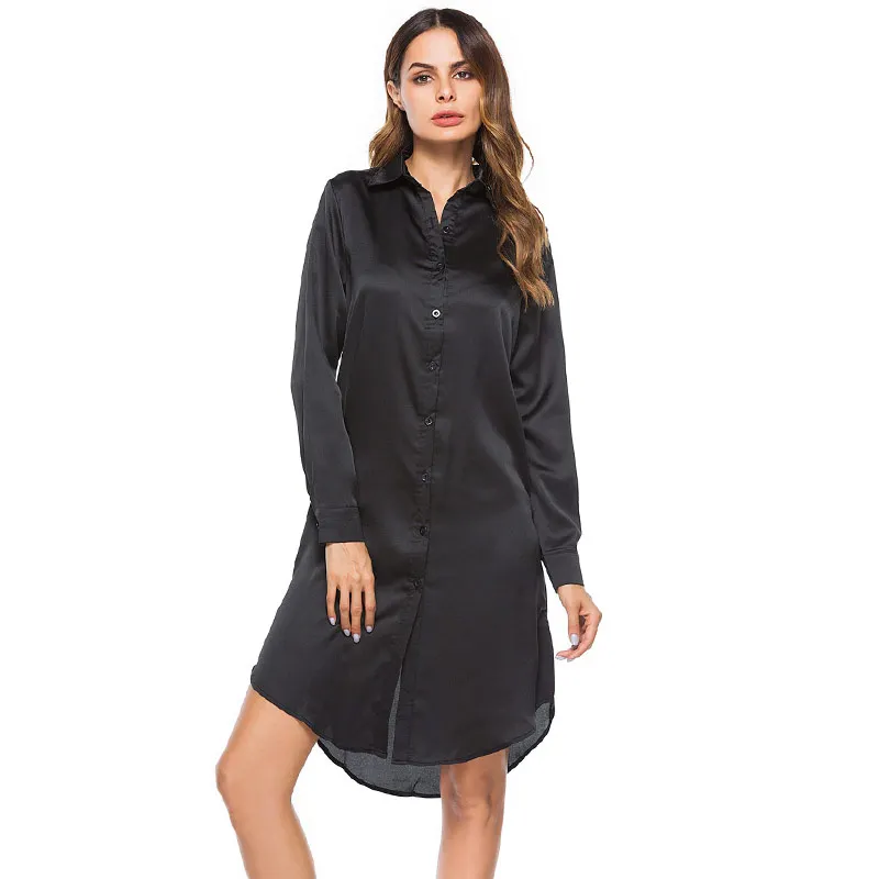 Женское платье рубашка черного цвета элегантное с цветочным принтом и разрезом