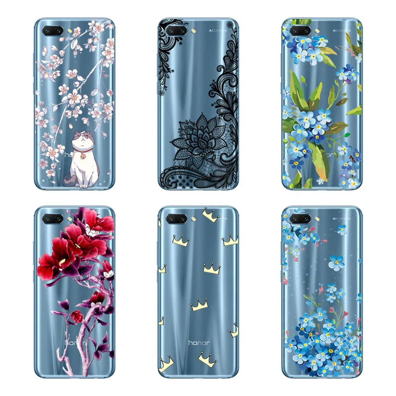 huawei honor 10 Case Silicon Black Painting flower Soft TPU Back Cover for Protect Phone cases shell |