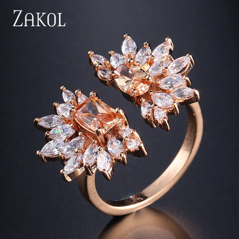 ZAKOL CZ ослепительное Открытое кольцо с цветком форма Свадебные обручальные ювелирные изделия для женщин подарок FSRP244