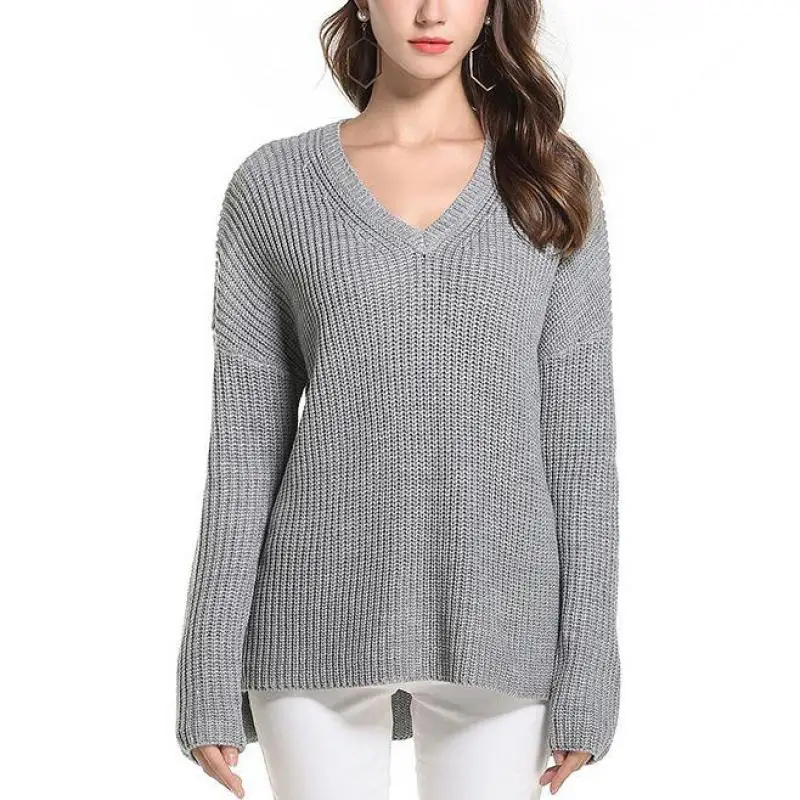 2018 Autumn And Winter Fashion Women's Sexy V-neck Knit Loose Pullover Long-sleeved Solid Color Casual Sweater Cj0325 | Женская